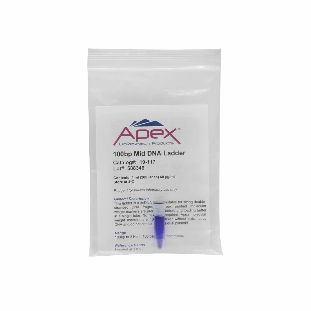 Apex Bioresearch Products 19-117 Apex 100bp-Mid DNA Ladder, 200 Gel Lanes, 100bp - 3kb, 1ml/Unit primary image