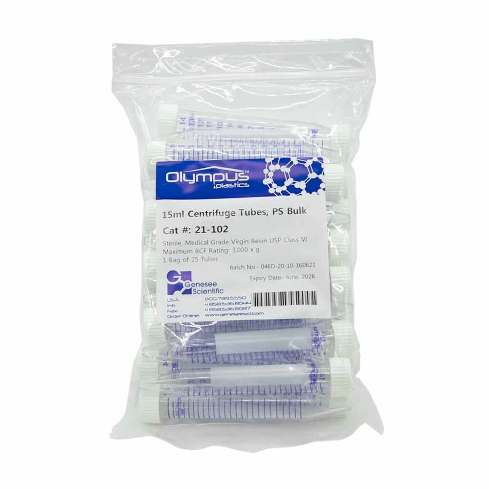 Olympus Plastics 21-102, 15ml Conical Centrifuge Tubes, Polystyrene Bulk, Sterile, 20 Bags of 25 Tubes, 500/Unit primary image