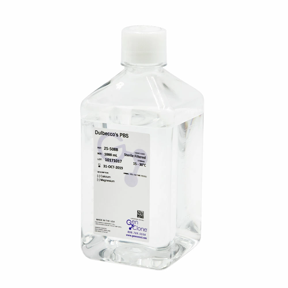 GenClone 25-508B DPBS, 1X, without Ca, Mg, Phenol Red, 0.1um Sterile Filtered, 6 x 1000 mL/Unit primary image
