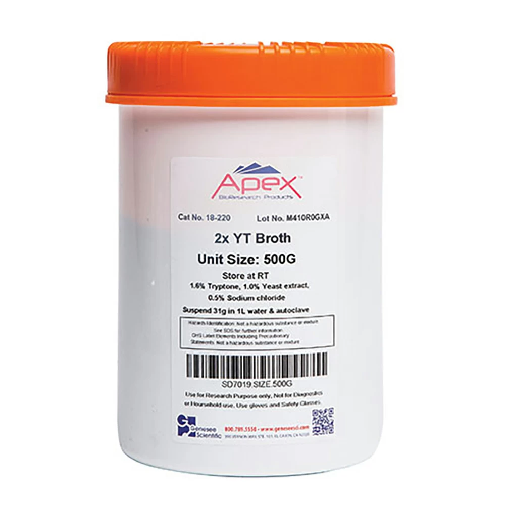 Apex Bioresearch Products 18-220 2xYT Broth, Bulk, pre-set pH, 500g/Unit primary image