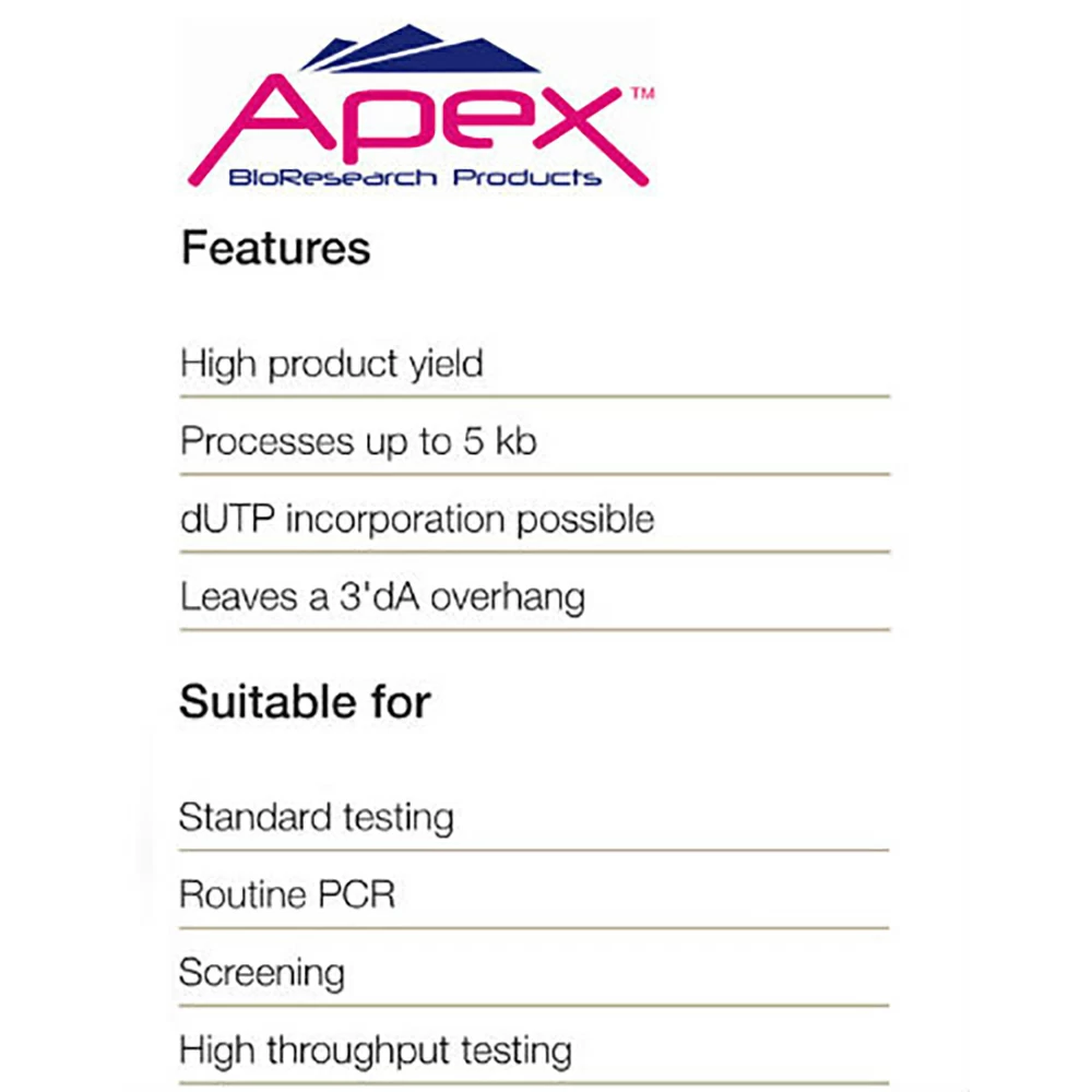 Apex Bioresearch Products 42-409 Apex Taq DNA Polymerase, 500u, 10X NH4 Buffer, Mg Free, 1 x 500u/Unit secondary image